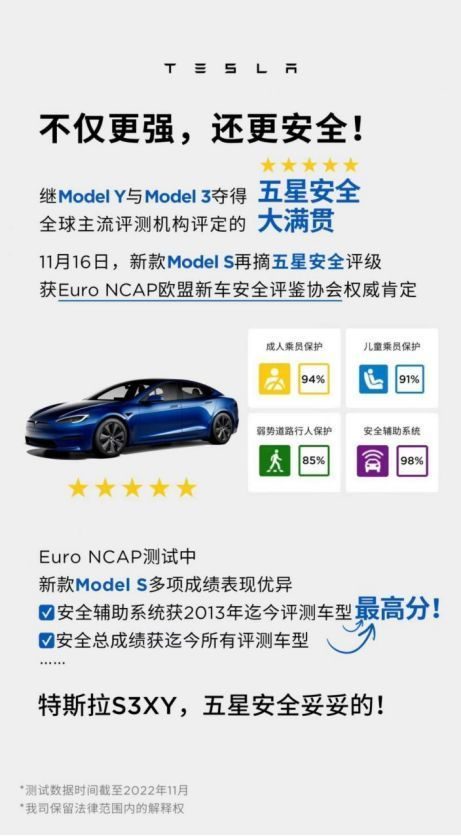 新款Model S在Euro NCAP测试中获五星安全评级，创历史最高分